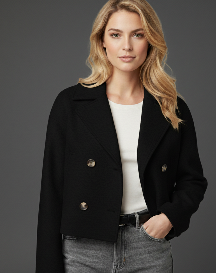 Chic Short Double-Breasted Jacket for Modern Layering – Tailored Fit, Cropped Length, Versatile Outerwear 0